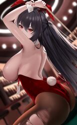 animal_ears armpits arms_up ass azur_lane bare_shoulders black_hair blurry blurry_background breasts brown_pantyhose cg detached_collar fake_animal_ears fake_tail female hair_between_eyes holding indoors large_breasts leotard long_hair looking_at_viewer looking_back official_alternate_costume pantyhose playboy_bunny rabbit_ears rabbit_tail red_eyes red_leotard sideboob sitting solo strapless strapless_leotard taihou_(azur_lane) taihou_(fun_on_the_baize)_(azur_lane) tail torn_clothes torn_pantyhose very_long_hair wrist_cuffs