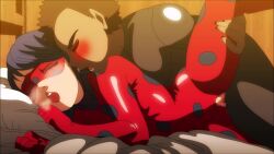 1boy bed bestofnesia blush bodysuit censored closed_eyes consensual female indoors ladybug_(character) marinette_dupain-cheng miraculous_ladybug one_leg_up open_mouth penis sex tagme vaginal_penetration video