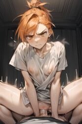 1boy 1girls ai_generated annoyed blush bottomless breasts breasts_visible_through_clothing cowgirl_position cum_in_pussy cum_inside female female_domination female_rapist femdom forced frustrated glaring grumpy human human_only jayzaki long_hair looking_at_viewer male male_rape_victim malesub orange_hair original pants_down partially_clothed penetration penis pussy rape red_hair riding_penis see-through_clothing self_upload sex stable_diffusion straight sweat sweating tsundere vaginal_penetration wet_shirt