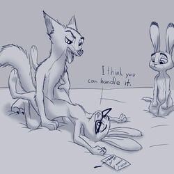 1boy 1girls anthro canine dialogue disney eyewear female flat_chest fox fur glasses group interspecies judy_hopps kneeling lagomorph male mammal monochrome nick_wilde paper pen rabbit sex sisters straight text tongue tongue_out violet_hopps_(zootopia) w4g4 zootopia