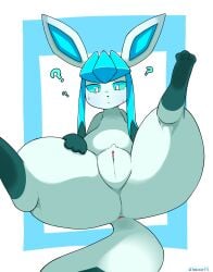 3_toes abstract_background absurd_res anus artist_name ass blue_ears blue_face blue_inner_ear blue_legs blue_paws blue_sclera blue_tail blue_tail_tip bodily_fluids cel_shading clitoris colored digital_media_(artwork) dipstick_tail eeveelution feet female female_feral feral generation_4_pokemon genitals glaceon hebirin hi_res humanoid_genitalia humanoid_genitalia_on_feral humanoid_vulva humanoid_vulva_on_feral leg_markings markings nintendo paws pink_anus pokemon pokemon_(species) pubes pupils question_mark raised_leg shaded socks_(marking) soles solo sweat tail tail_markings text thick_thighs toes vulva white_pupils
