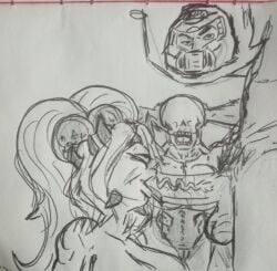 1boy 2girls blowjob cacodemon_(doom) cookie_demon_(robotjoe) cyclops demon demon_girl doom doom_slayer_(doom) hell_knight_(doom) kaxta male/female nightmare_waifu ntr oral_sex sketch surprised video_games