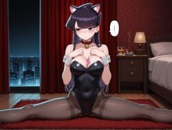 1girls ai_generated alcohol ashtray bed blush breasts carpet cat_ears catgirl cigarette cityscape cleavage collar condom condom_between_breasts condom_wrapper covered_navel cuffs curtains detached_cuffs fake_animal_ears female groin_tendon hands_on_own_chest heavy_breathing hips hotel_room indoors jingle_bell komi-san_wa_komyushou_desu komi_shouko lamp legs_apart leotard long_hair looking_away night nightstand notreallyhere pantyhose parted_lips purple_hair smoke solo speech_bubble splits spoken_ellipsis sweat swept_bangs thighs wallpaper_(decoration) whiskey wooden_floor