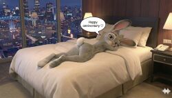 3d ai_generated anniversary ass bed bedroom bedroom_eyes bubble bubble_ass bubble_butt bunny bunny_ears bunny_girl bunny_tail butt_crack dialogue_box feet female female_only fur furry furry_female hotel_room inviting_to_sex judy_hopps laying_down laying_on_bed laying_on_stomach legs no_bra no_panties no_underwear nude nude_female rabbit zootopia zootopia_2