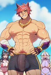 ahri ahri_(league_of_legends) ai_generated beach big_penis bikini bulge_through_clothing bulge_under_clothes muscular_male red_hair sett soraka strongbana_(ai_style)