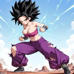 (titancore) ai_generated anime battle big_breasts black_eyes black_hair caulifla curvy_figure dragon_ball dragon_ball_super electricity female fighting girl saiyan saiyan_girl spiky_hair sweatdrop sweating torn_clothing wet_body