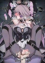 1boy adversarial_noise arms_up bare_shoulders black_dress blush breasts censored chains cleavage clothing_aside commentary_request dress english_text female female_ejaculation female_orgasm fingering grey_hair heart heart_censor herta_(honkai:_star_rail) highres honkai:_star_rail honkai_(series) keyhole_clothing large_breasts lying mashicono on_back open_mouth orgasm panties panties_aside pantyhose pussy pussy_juice restrained solo_focus strapless the_herta_(honkai:_star_rail) torn_clothes torn_pantyhose trembling underwear variant_set