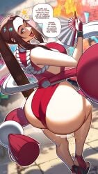 1girls ass backboob big_ass breasts brown_eyes brown_hair dat_ass fatal_fury female flames folding_fan footwear full_body hair heels high_heels holding_object huge_ass jerkdibuja king_of_fighters large_ass legs lips long_nails looking_back mai_shiranui motion_lines nail_polish nails one_eye_closed platform_heels ponytail red_nail_polish red_nails revealing_clothes skimpy skimpy_clothes smile snk solo solo_female spanish_text sparkles speech_bubble stars text thighs translation_request wink winking