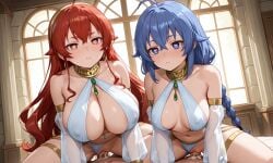 2girls ai_generated bedroom big_breasts bikini blue_hair blushing braided_hair chain cleavage collar duo embarrassed eris_boreas_greyrat erotic_pose heart_eyes huge_breasts indoors jewelry kneeling long_hair looking_at_viewer micro_bikini mushoku_tensei nsfw red_hair roxy_migurdia see-through slave_outfit sweat thighs underboob wide_hips