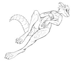 4_fingers 4_toes anthro black_and_white feet female flat_chested full-length_portrait grey_eyes horn kobold looking_at_viewer lying monochrome nude on_back portrait presenting presenting_pussy pussy reptile scales scalie simple_background sketch solo toes w4g4 white_background