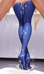 1boy ai_generated artoria_pendragon blue_thighhighs crossed_ankles crossed_legs cum cum_on_feet cum_on_floor cum_on_legwear cum_pool cumdrip excessive_cum feet_only female from_behind heart implied_sex knightus_ai light-skinned_female light-skinned_male no_shoes offscreen_sex soles standing straight thighhighs tiptoes toes trembling white_background