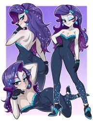 2025 ass blue_dress blue_eyes blue_eyeshadow blush bodysuit breasts centinel303 cleavage equestria_girls female female_only friendship_is_magic gloves hand_on_hip hasbro high_heels jewelry laying_down long_hair looking_at_viewer looking_back lying_on_side my_little_pony purple_background purple_hair rarity_(eg) rarity_(mlp) shiny_hair sparkles white_background white_body white_border white_skin wide_hips winking winking_at_viewer