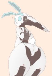 android anthro ass blue_eyes digital_media_(artwork) disney drossel_von_flugel_(fireball) fake_ears fake_rabbit_ears featureless_crotch female fireball_(disney) hi_res humanoid looking_back machine nextel not_furry robot robot_humanoid scut_tail short_tail signature simple_background solo standing tail tan_background white_body
