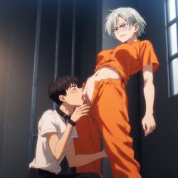 1boy ai_generated cunnilingus female femdom licking_pussy prison