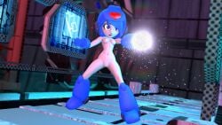 1girls 3d arm_cannon blue_hair boots capcom cosplay factory helmet leaning_back mega_man partially_clothed scarletspiceshop small_breasts smg4 tari_(smg4)