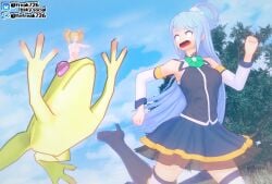 2girls 3d aqua_(konosuba) armpits bare_arms bare_shoulders bare_thighs blonde_hair blue_eyes blue_hair blue_shirt blue_skirt boots breasts chasing closed_eyes collarbone commission completely_nude day detached_sleeves fefreak726 female female_only fire_emblem fire_emblem_awakening frilled_skirt frills frog happy high_heels hopping jumping kono_subarashii_sekai_ni_shukufuku_wo! laugh leg_up long_hair long_sleeves looking_back medium_breasts medium_hair multiple_girls navel nintendo nipples nude nude_female open_mouth outdoors oversized_animal panicking pointing running see-through see-through_clothing shirt shoulders skirt sky sleeveless sleeveless_shirt small_breasts stomach thighs tree very_long_hair wavy_mouth wide_eyed worried