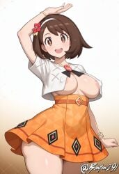 ai_generated areolae_slip argyle_background arm_at_side arm_over_head bonfen291 bracelet brown_background brown_eyes brown_hair cleavage covered_nipples female gloria_(anniversary_2025)_(pokemon_masters) gloria_(pokemon) gold_bracelet gradient_background hair_flower hairband huge_nipples jewelry layered_dress looking_at_viewer medium_breasts medium_dress open_mouth orange_dress pokemon pokemon_masters pokemon_masters_ex pokemon_swsh self_upload short_hair short_sleeves smile solo standing thick_thighs white_background white_jacket