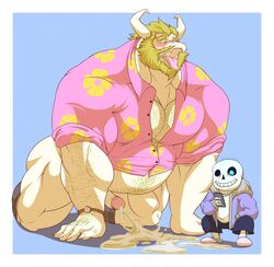 2015 animated_skeleton anthro asgore_dreemurr beard belly blonde_hair blue_background blue_eyes blue_sans_penis blue_sans_tongue blush body_hair bone boss_monster bottomless caprine clothed clothing cum cum_on_ground cumshot duo ejaculation facial_hair fangs fur goat hair hi_res horn jacket long_ears male male_only mammal manlyster meta_request open_mouth orgasm overweight penis sans sans_blush sans_eye sans_glowing_eye sans_penis sans_tongue simple_background skeleton tongue tongue_out undead undertale video_games watch