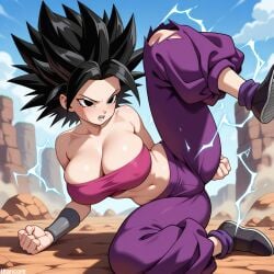 (titancore) ai_generated anime battle big_breasts black_eyes black_hair caulifla curvy_figure dragon_ball dragon_ball_super electricity female fighting girl saiyan saiyan_girl spiky_hair sweatdrop sweating torn_clothing wet_body