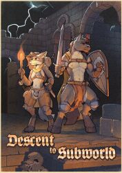 absurd_res anthro armor backpack bone bottomwear bow_(weapon) bulge canid canine cape castle clothing corinthian_helmet dagger dungeon duo elie-s_den elie_fox elie_horse equid equine fantasy fox headgear helmet hi_res horse loincloth male male/male mammal melee_weapon quiver_(object) ranged_weapon ruins scabbard shield skeleton sword unconvincing_armor weapon