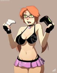 1girls bra choker cleavage controller female female_only freckles gamepad glasses green_eyes holding_controller orange_hair original ps4_controller sillygirl sillygirl_(character) sinner skirt solo standing xbox_360 xbox_controller