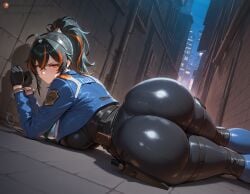 1girls ai_generated angry back_alley belt big_thighs black_gloves black_hair black_pants blue_jacket curvy handcuffed handcuffs high-waist_pants holster huge_ass huge_breasts long_hair looking_at_viewer loratta on_ground orange_eyes police police_uniform ponytail solo streaked_hair tagme thigh_strap tight_pants wide_hips zenless_zone_zero zhu_yuan