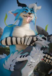 absurd_res anthro arm_grab avali barbel_(anatomy) blue_body blue_eyes blue_fur dragon duo eastern_dragon feathers fur furred_dragon furred_scalie grabbing_face grey_hair hair hi_res horn impliqued kyousukeshii long_ears male male/male mythological_creature mythological_scalie mythology scalie size_difference tongue tongue_out white_hair