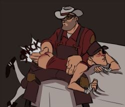 biting_lip biting_own_lip blush bottomless clenched_hands discipline engineer_(team_fortress_2) erichmcbrian gay grabbing_sheets gripping_sheets looking_pleasured male male_only pants_down pants_pulled_down punishment scout_(team_fortress_2) spank_marks spanking submissive_male team_fortress_2 tf2 twink yaoi