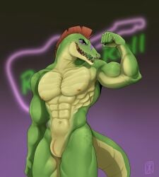 alligator alligator_tail alligatorid alligatorid_humanoid alternate_version_at_source alternate_version_available animatronic anthro anthro_male biceps black_nails clawed_fingers claws crocodile crocodile_tail crocodilian crocodylid eye_wear face_paint facial_markings fingerless_gloves five_nights_at_freddy's five_nights_at_freddy's:_security_breach flexing_bicep fnaf genital_slit green_body green_scales green_skin long_nails looking_at_viewer machine male male_only mohawk mohawk_(hairstyle) montgomery_gator_(fnaf) muscle muscles muscular_anthro muscular_body muscular_furry muscular_male non_human presenting red_eyes red_hair reptile reptile_humanoid scales scalie scottgames shades sharp_teeth shoulder_pads solo solo_male spiked_bracelet spikes spotted_body star_shades steel_wool_studios sunglasses tail_markings two_tone_body yellow_body yellow_scales yellow_skin