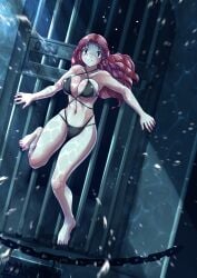 asphyxiation big_breasts bikini breasts collarbone curly_(foxeye) current drowning female foxeye_(artist) navel original original_character peril purple_eyes red_hair swimsuit trapped underwater