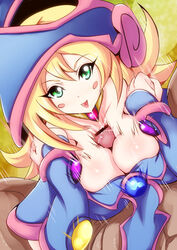 1boy 1girls blonde blonde_hair blue_hat breasts censored cleavage covered_breasts dark_magician_girl duel_monster female green_eyes hat high_resolution large_breasts long_hair magic_user_outfit magical_girl magician male paizuri penis tagme wizard_hat yu-gi-oh! yu-gi-oh!_duel_monsters