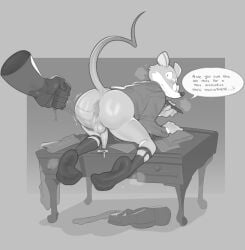 2026 5_fingers anthro anus ass backsack balls bodily_fluids bubble_butt clothed clothing dialogue digital_media_(artwork) disembodied_hand duo eyewear feet fingers fist fisting footwear furniture gaping gaping_anus garter_belt garter_belt_socks garter_straps gay_anal gay_male gay_sex genital_fluids genitals geronimo_stilton geronimo_stilton_(series) glasses glistening glistening_butt hi_res holding_object holding_pen homosexual_sex looking_back lube lube_string male male/ambiguous male_penetrating male_penetrating_male mammal monochrome murid murine on_table pantsless pen penetration penis raised_tail rat rear_view rodent round_glasses simple_background socks solo_focus speech_bubble submarine_screw suit_jacket table tail unprofessional_behavior