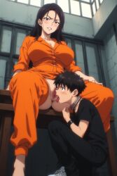 1boy 1woman ai_generated cunnilingus femdom licking_pussy prison