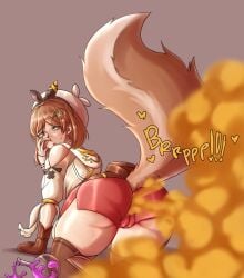 1girls atelier_(series) atelier_ryza brown_hair bubble_butt cameltoe chro-sis embarrassed embarrassed_female fart fart_cloud fart_fetish farting reisalin_stout skunk_tail thick_ass