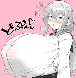 gigantic_breasts greyscale heavy_breasts hyper_breasts michinoku_komaro monochrome nipple_bulge nose_blush seitokai_nimo_anawa_aru! sketch teruwo_sun underboob undersized_clothes worried