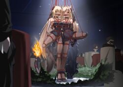 2girls absurdres anal anal_object_insertion animal_ear_fluff animal_ears arms_behind_back ball_gag bare_shoulders black_dress black_pantyhose blonde_hair bondage bound bound_arms bound_legs bound_together box_tie breasts collar collarbone covered_navel crying crying_with_eyes_open dildo dress frilled_dress frills frogtie gag gagged green_eyes groin_tendon high_heels highres horns leg_up long_hair looking_to_the_side medium_breasts multiple_girls nipple_piercing object_insertion pantyhose piercing red_eyes restrained sex_toy shibari_over_clothes skindentation standing standing_on_one_leg tears vaginal_object_insertion vaginal_penetration very_long_hair vibrator wewlife wiffle_gag