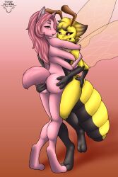 2025 absurd_res animal_humanoid anthro arachnid arthropod arthropod_humanoid ass bee blush breasts digital_media_(artwork) duo female fur genitals guispe_opockjha hair herm hi_res hug humanoid hymenopteran insect_humanoid insects intersex intersex/intersex katarina_flowerbloom maleherm nude simple_background smile spider tail wings