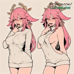 ai_generated aran_sweater artist_name backless_outfit blush breasts bust chest covered_nipples cowboy_shot dress female genshin_impact gradient gradient_background hair_between_eyes hi_res highres lagoonlore licking_finger long_hair looking_at_viewer meme_attire naked_sweater open_mouth patreon patreon_username pink_hair purple_eyes ribbed_sweater sweater sweater_dress tongue turtleneck turtleneck_sweater virgin_killer_sweater watermark white_sweater yae_miko