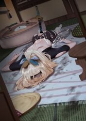 after_ejaculation after_masturbation bar_censor black_shirt blonde_hair censored female female_ejaculation female_masturbation fumihiko_(fu_mihi_ko) hair_ornament highres hololive kazama_iroha leaf_hair_ornament lying masturbation object_insertion on_stomach ponytail pussy_juice pussy_juice_stain shirt solo sweat torn_clothes vaginal_object_insertion vaginal_penetration virtual_youtuber