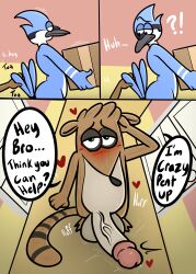 absurd_res anthro ass avian big_butt big_penis cartoon_network comic dialogue duo fellatio genitals hi_res inviting male male/male mammal mordecai_(regular_show) oral penile penis pent_up procyonid raccoon regular_show rigby_(regular_show) sex shy size_difference small_dom_big_sub taillove_(artist)