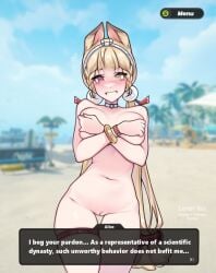 alice_thymefield alice_thymefield_(sea_of_thyme) animal_ears armband bare_shoulders beach blonde_hair blush breast_press breasts crossed_arms embarrassed female hair_ornament headband heterochromia loner_fox long_hair navel nude pussy sphere_hair_ornament stomach teeth thigh_strap thighs watch wristwatch zenless_zone_zero