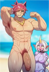 ai_generated beach big_penis bikini muscular_male naked_male red_hair sett soraka strongbana_(ai_style)