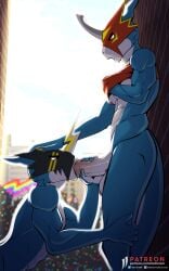 alley anthro armor bandai_namco bodily_fluids day digimon digimon_(species) duo flamedramon genitals headgear headgear_only helmet helmet_only hi_res iudicium86 male male/male oral parade penis pride_color_flag public raidramon saliva slim thick_penis