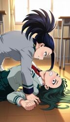 2girls ai_generated animated black_eyes black_hair boku_no_hero_academia catfight choking classroom fight green_hair hand_on_throat momo_yaoyorozu my_hero_academia ndsilver059 no_sound ponytail school_uniform setsuna_tokage sfw tagme video yelling yelling_at_another yuri
