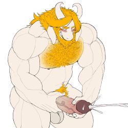 1boy asgore_dreemurr ass bara bare_pectorals beard biceps blonde_hair chest_hair clenched_teeth closed_eyes completely_nude cum ejaculation english_commentary erection facial_hair floppy_ears furry furry_male highres horns islate male_focus male_masturbation masturbation muscular muscular_male navel nipples nude pectorals penis plump teeth testicles undertale utdr_(toby_fox) white_fur