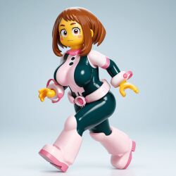 ai_generated hero_outfit_(mha) large_breasts lego minifigure my_hero_academia ochako_uraraka yellow_skin