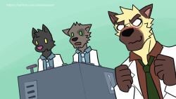 16:9 2025 2d_animation abs animated anthro areola backwards_baseball_cap backwards_hat balls barazoku barbell_piercing baseball_cap biceps black_areola black_body black_fur black_stripes blue_eyes blue_necktie blush blush_lines brown_body brown_fur cable canid canine canis closed_eyes clothing coat credits dialogue domestic_cat domestic_dog duo ear_piercing english_audio eyewear facial_piercing felid feline felis forearm_muscles foreskin frottage fur gauged_ear genitals glans glasses gloves_(marking) green_eyes green_necktie grey_body grey_fur group hand_on_another's_chest hand_on_chest hat headgear headwear hi_res hybrid industrial_piercing kyo_(kiasano) lab_coat laboratory lever lip_piercing lip_stud long_playtime male male/male mammal markings multicolored_body multicolored_fur muscular muscular_anthro muscular_male muscular_thighs mustelid navel necktie nipple_barbell nipple_fetish nipple_piercing nipple_pinch nipple_play nipples nude omyurice orange_body orange_fur otter patreon pec_squeeze pecs penile penis penises_touching piercing pinch pubes red_clothing red_hat red_headwear red_shirt red_topwear round_glasses sex shirt sound striped_body striped_fur stripes tagme tail tan_body tan_fur text topwear triceps url vein veiny_penis video white_body white_fur white_lab_coat widescreen wire zeke_(barazokudex)