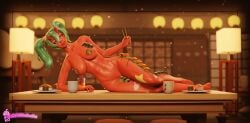 1girls 2025 3d abs areolae artist_name breasts chopsticks covered_nipples demon demon_girl feet female female_only food food_on_body fortnite glowing_eyes green_hair hips horn looking_at_viewer monster monster_girl nemia_(fortnite) nipple_pasties non-human nude nude_female nyotaimori on_table pasties pink_eyes pinkmilkshake presenting red_body red_skin sashimi solo sushi table thick_thighs thighs twintails video_games wide_hips