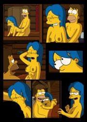 1boy 1girls aged_down big_breasts blue_hair breasts brown_hair completely_nude cottage_(building) cowgirl_position doggy_style edit erect_nipples hand_on_chest hand_on_hip hands_up happy_sex homer_simpson implied_fellatio looking_at_another looking_pleasured marge_simpson nipples nude sex smile swinging_breasts teenager the_simpsons wooden_wall wvs yellow_body yellow_skin