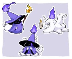 absurd_res anthro ass balls blush candle casting_spell cel_shading chibi clothing erection fan_character fire floppy_ears generation_5_pokemon genitals hat headgear headwear hi_res litwick long_ears magic_user male nintendo nude nue_stargazer penis pokemon pokemon_(species) purple_eyes shaded shy sinfrou sitting sleeping solo tail tapering_penis white_body wizard_hat wizard_robe wooden_stick